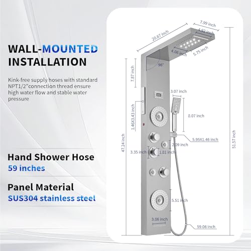Image of BWE 6 in 1 Shower Panel Tower System with LED Lights & Temp Display