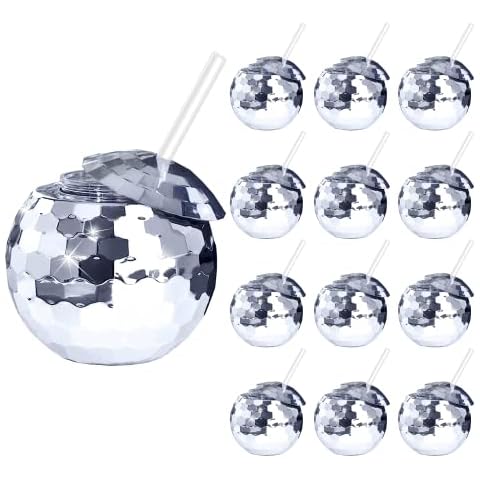 ZHURUININ 12 PCS Disco Ball Cups, 20Oz Disco Party Cups with Lid and Reusable Straw Flash Ball Cocktail Cup for Party Nightclub Bar Supplies Wine Drinking Syrup Tea Bottle (Silver) Cover