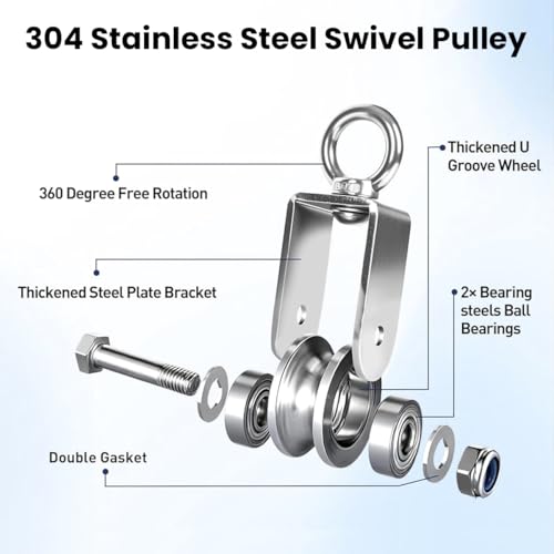 Image of Serplex 304 Stainless Steel Swivel Pulley, Heavy Duty U-Shaped Groove Single Pulley Block with 360 Rotating Eye Bolt, 3-10mm Wire Rope Cable Pulleys for Lifting, Rigging, Garage, Loading 1102 lbs
