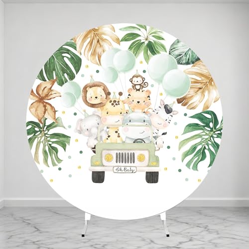2 m di diametro sfondo rotondo con animali safari con foglie verdi della giungla con palloncini per baby shower fotografico decorazione per feste di compleanno
