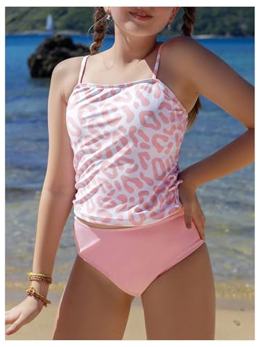 SweatyRocks Girl's Leopard Print Tankini Swimsuit Spaghetti Strap 2 Piece Bathing Suit Swimwear2