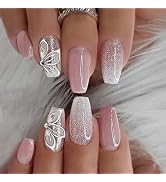 24pcs Press on Nails Short Coffin Fake Nails Glittery Nude Pink Ombre Glue on Nails Flower Stick ...