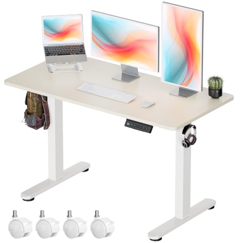 Image of Okin Standing Desk Electric Adjustable Computer Whole Piece Stand up Desk with Wheels Office Gaming Home Office Memory Desks 48x24 inches Cream Brown