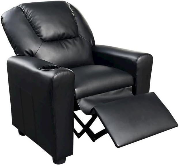 Marisa Black PU Leather Youth Recliner with Cupholder for Kids 142" Seat Height 14" Width 106" Depth