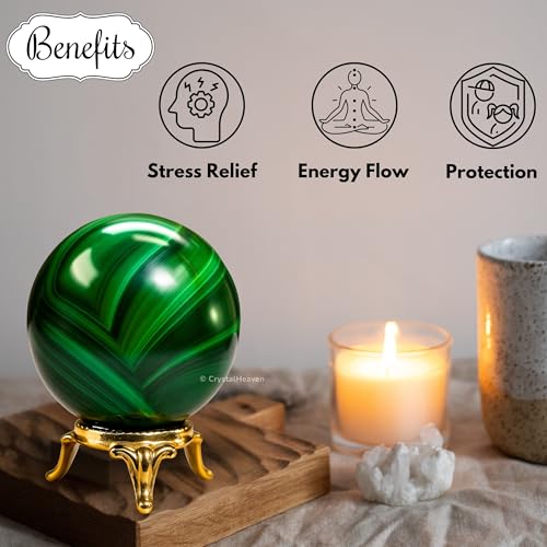 Image of Certified Crystal Malachite Ball for Meditation - Premium Crystal Vastu Items for Home and Feng Shui Items for Good Luck - Ideal for Pooja Supplies and Spiritual Practices (2 Inch)