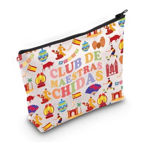 PWHAOO Bolsa de maquiagem para professores espanhóis de agradecimento do clube de maestras chidas, bolsa de cosméticos para amantes espanhóis, presente de volta à escola primária, presente de primeiro