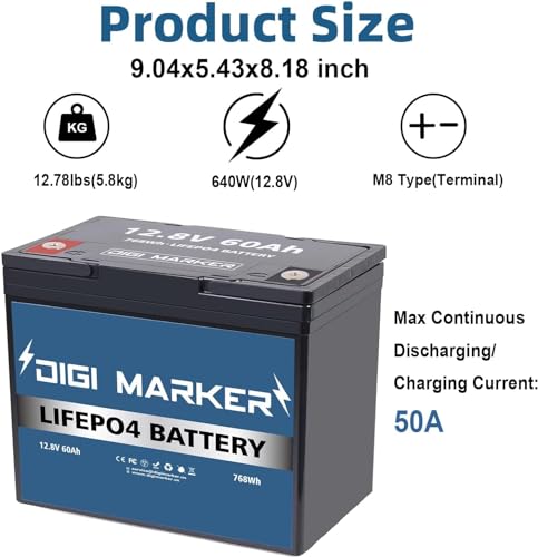 Image of 12V 60Ah LiFePO4 Lithium Iron Phosphate Battery Deep Cycle Rechargeable Battery with Built-in 50A BMS, 5000+ Life Cycles, Perfect for RV, Marine, Kids Scooters, Power Wheels,Trolling Motor