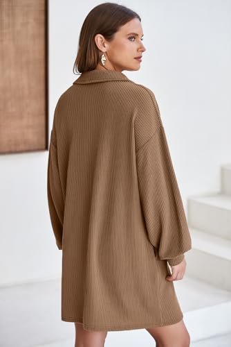 AlvaQ Womens Long Sleeve Dress Loose Button Front Lapel Collared Ribbed Knit Mini Dresses with Pockets2