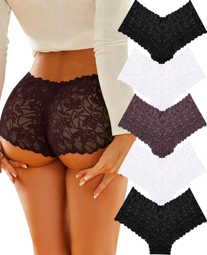 Image of ALL OF SHE Sexy Underwear Panties for Women Cheeky V Waist Lace Boyshorts Lingerie Plus Size Underwear Gift Wife Women 5 Pack