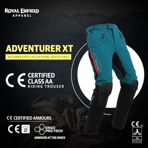 Image of Royal Enfield ADVENTURER XT RIDING TROUSER| CE level 2 armor at knee & hip | High abrasion resistance 610 D cordura fabric | Superfabric at Knees | Waistband adjusters | TEAL 38 inch
