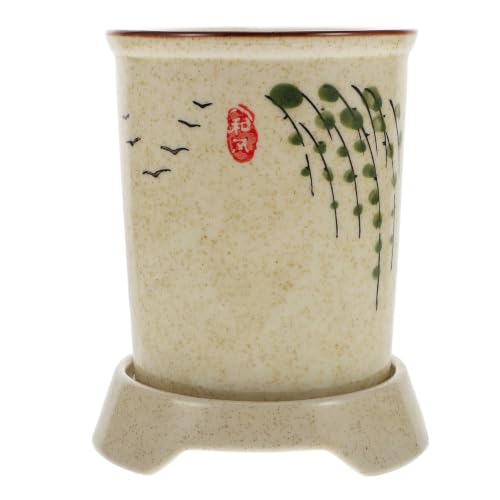 Uonlytech Organizador de Tenedores y Cucharas de Cerámica Estilo Japonés Beige Tubo para Palillos Chinos, Soporte para Utensilios de Cocina y Escurridor para Encimera