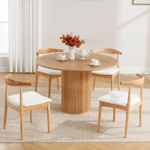 Wood Dining Chairs Set of 4, Linen Fabric Dining Chairs with Open Curved Back, Mid Century Modern Dining Room Chairs Farmhouse Kitchen Chairs for Dining Room Restaurant -Natural Wood Finish, Beige