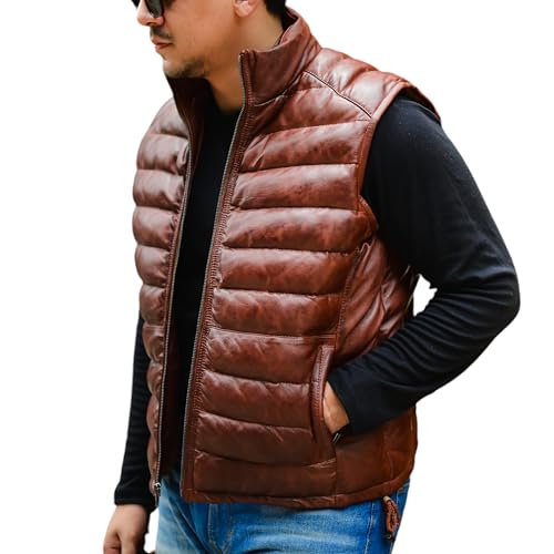 Jild Lambskin Leather Puffer Vest with Removable Hood - Stand Collar Casual Style Sleeveless Leather Jacket Men