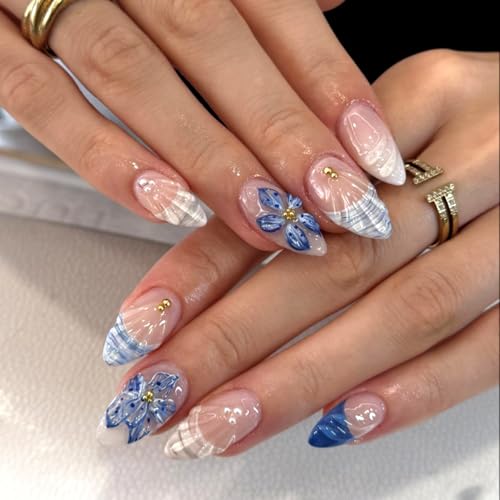 Short Press On Nails Almond, 24PCS Blue and White Floral Acrylic Fake Nails with Glue Kit, Glossy Plaid and 3D Flower Stick On Nails for Women, Reusable False Nails for Party, Wedding, Daily Wear