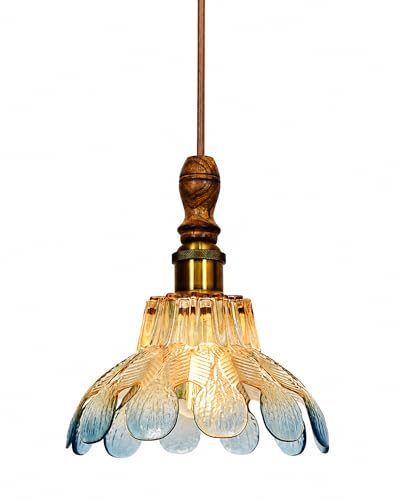 Image of Homesake Botanica Pendant Lamp | Petal Scalloped Glass Hanging Light with Solid Wood Top | Vintage European Ceiling Fixture, Pendant Light for Home Decor, Hallway, Kitchen & Balcony, (Petal, Blue)
