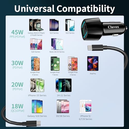Cluvox 63W USB C Car Charger, 45W Type C Super Fast Charging Compatible for Samsung Galaxy S26/S25 Plus/Ultra/S23/S22/W24/Z Flip5/Z Fold5, iPhone 17 Pro Max/16/15 Car Adapter&3ft Cord with E-Mark Chip
