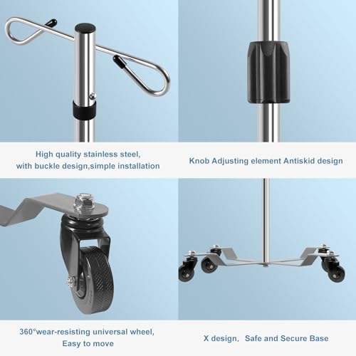 IV Poles IV Stands 2 Hooks 4 Legs Portable Rolling with Stainless Steel Adjustable Height, 2PCS
