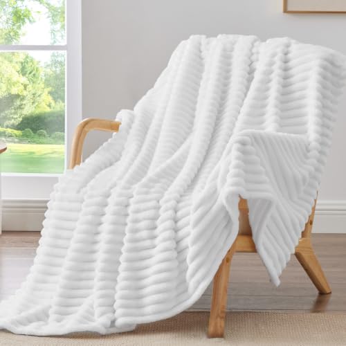 Image of BEDELITE Ribbed Twin Blanket for Couch & Bed, Bright White, 60 inchx80 inch | Ultra-Soft Plush Fleece, Cozy, Warm Yet Lightweight, Ribbed Texture, Home Decor, Machine Washable, Giftable, All-Season Use