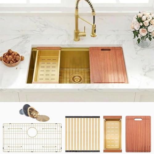 Image of 33 inch Gold Sink,Undermount Single Bowl Kitchen Sinks,16 Gauge Stainless Steel Workstation Kitchen Sink (Gold, 33 X 18 inch)