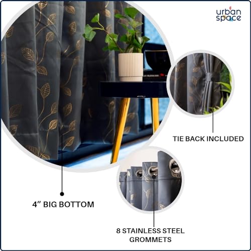 Image of Urban Space 80-85% True Blackout Curtains for Window, Gold Foil Printed Blackout Curtains, Blackout Decorative Window Curtain Eyelet with Tieback, 1 Piece Curtain for Living Room(Leaf Grey, 5 Feet)