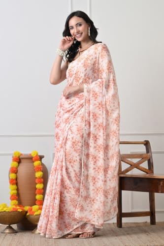 Image of MIRCHI FASHION Saree for Woman Georgette Floral and Leaf Printed | Elegant Farewell and Ceremonial Women's Sari with Blouse Piece