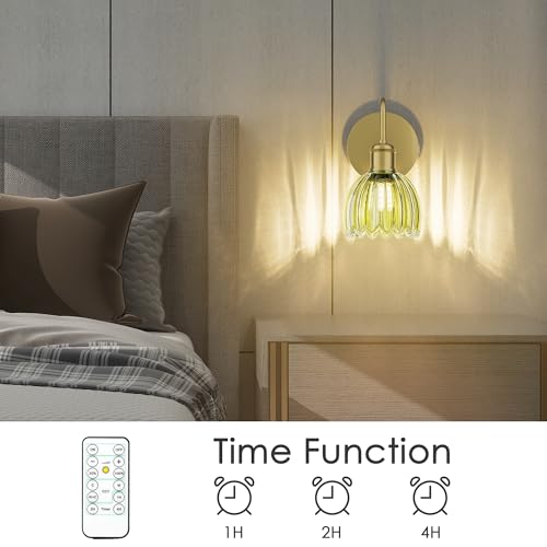 Image of 2 Pack Battery Powered Wall Sconce with Green Tulip Glass Lampshade, Rechargeable Dimmable LED Wall Sconce for Living Room, Hallway, Bedroom, Dining Room