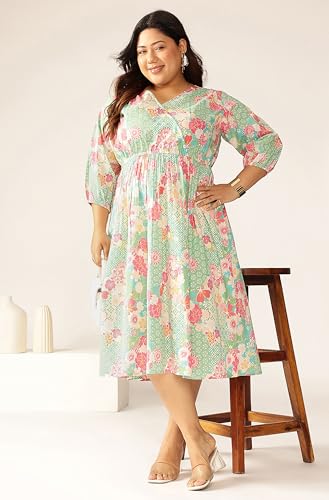 Image of Janasya Women's Plus Size Sage Pure Cotton Floral Printed A-line Dress