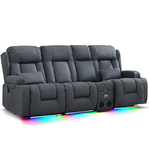 Image of URRED Power Loveseat Recliner Sofa with Massage and Heat, Wall Hugger Reclining Loveseat with Console, RV Couch Home Theater Seating with LED Lights for Living Room (Blue Grey, 89.8 inch - 3 Seats)