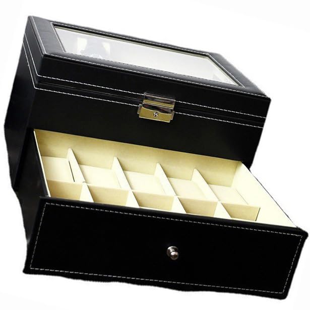 BADEZ Organizador de caja de reloj, estuche de almacenamiento de piel sintética, organizador de relojes de lujo con parte superior de cristal, caja de almacenamiento de joyas, caja de colección de