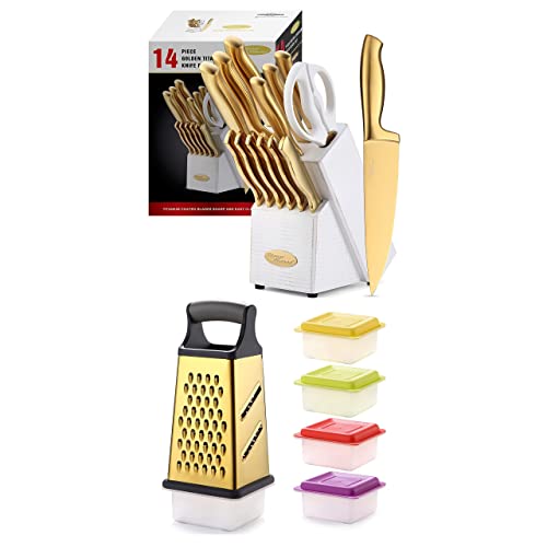 Marco Almond Ma21 Golden Titanium Knives Block Set + Kya53 Titanium Box Grater Set #TOP24