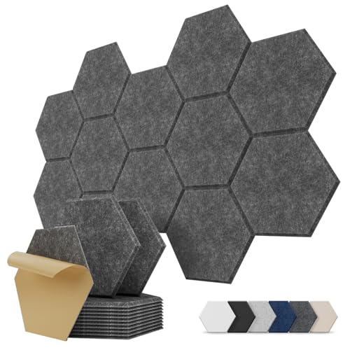 Hexagon Akustikplatten, 12 Stück Schallabsorber für Tonstudio, Wohnzimmer, Gaming Deko, Kinderzimmer, Buero, Wand, Decken, Türen Akustikpaneele Selbstklebend, 30 x 26 x 0,9cm, Dunkelgrau