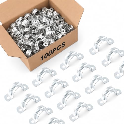Image of Yaocom 100 Pcs 3 /4 inch Opening Pipe Strap, Galvanized Steel Conduit Clamp | U Bracket 2 Hole Mount for Pipe Fixing on Surfaces, Corrosion Resistant for Wall Ceiling, Heavy Duty Rigid Clamp Support