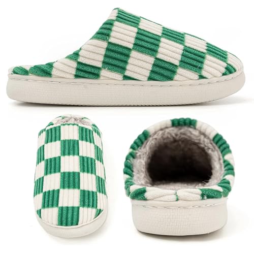 Image of Yueerlu House Slippers for Women Men, Fuzzy Checkered Mens Womens Slippers Warm Memory Foam House Shoes Indoor Outdoor with Faux Fur Lining