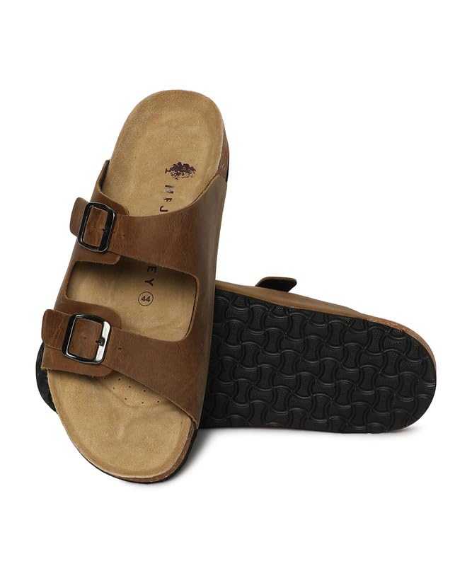 Image of HF JOURNEY Men's Vasco Double Strap Cork Footbed Sandals - Adjustable Buckle Slip-On Comfort Slides (Size 41-46)