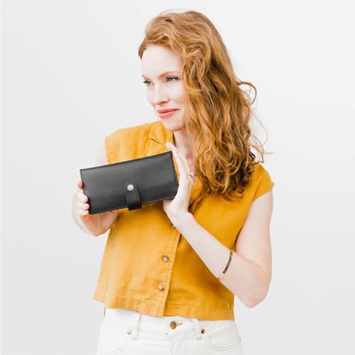 Image of Portland Leather Goods Women's Bifold Wallet - Slim Design with Secure Snap, 8 Card Slots & Interior Zipper Pocket - Black