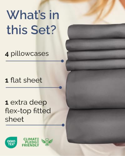 Image of Flex Top Split Head King 6 Piece Sheet Set - Soft & Cooling - Dark Grey | Ultra Soft Hotel Luxury Bedding Set w / 8-16 Inch Deep Pockets, 1 Flat & 1 Split-Head Fitted Sheet & 4 Pillowcases, Fade Free