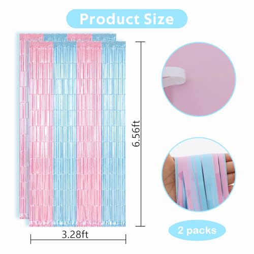 Image of TONIFUL Light Pink Light Blue Door Streamers,Black and Pink Photo Booth Backdrop Metallic Streamers Foil Fringe Curtain for Birthday,New Year,Graduation,Grad,Baby Shower Party Streamers Decoration