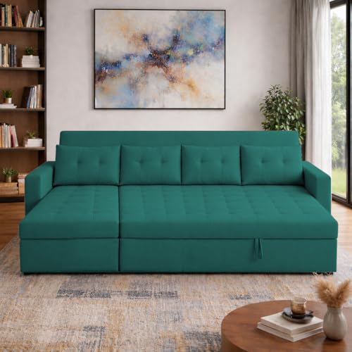 Image of Emilio 6 Seater LHS L - Shape Pull-Out Sofa Cum Bed Sofa for Living Room (Pine Fabric Color) Premium Fabric Sofa Set for Living Room Sofa Cum Bed