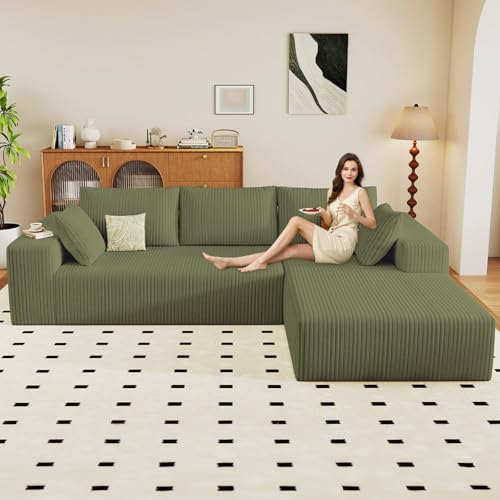 Image of 96 inch Modular Sectional Couch, Boneless L Shaped Cloud Sofa with Chaise Lounge, Corduroy Upholstered Couches Memory Foam Deep Seat, No Assembly Required, Ideal for Living Room(Green, Right Facing)