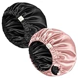 YANIBEST Silk Bonnet Satin Bonnet for Sleeping Women and Men, Adjustable Double Layer Hair Bonnet for Curly Hair, Black Pink, Large