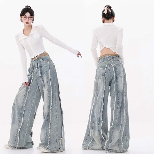 American Retro Wasteland Style Su Splicing Design, Denim Niche Loose Straight Leg Wide Leg Floor Pants3