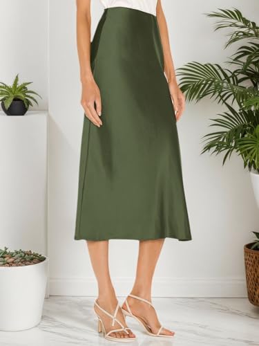 Image of Amy Babe Womens Satin Silk High Waist Slit Midi Skirt Long Skirts for Women | Elastic Waistband, Side Split, Midi Length, Below the Knee, Silky Fabric, Elegant, Fall Winter Outfits