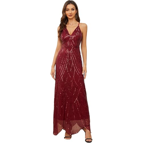 Women's V Neck Spaghetti Straps Sequin Sparkly Glitter Irregular Hem Prom Dress Bcakless Maxi...