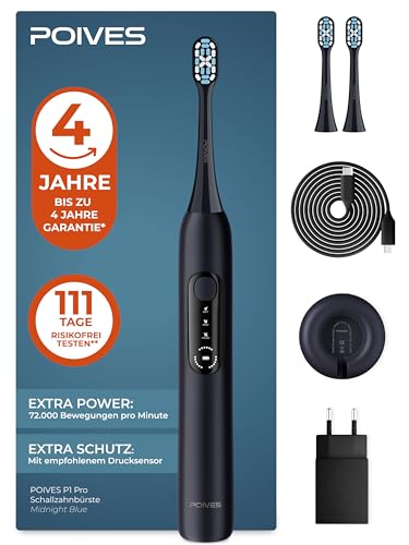 Schallzahnbürste POIVES P1 Pro - Elektrische Zahnbürste mit Drucksensor und 72.000 Bewegungen, bis zu 4 Jahre Garantie, 111 Tage...