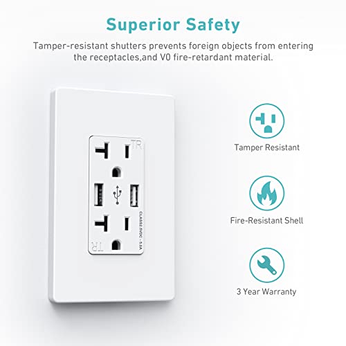 Webang Usb Receptacle Outlet, 25W 5.0 Amp Usb Wall Outlet, 20A Charging Power Outlet With Usb Ports, Screwless Wall Plate Included, Etl Listed, White, 10 Pack #TOP3