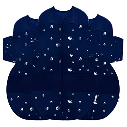 Image of Happiest Baby SNOO Sleep Sack - 100% Organic Cotton Baby Swaddle Blanket - Doctor Designed Promotes Healthy Hip Development - 3-Pack Bundle (Midnight Planets, S, M, L)