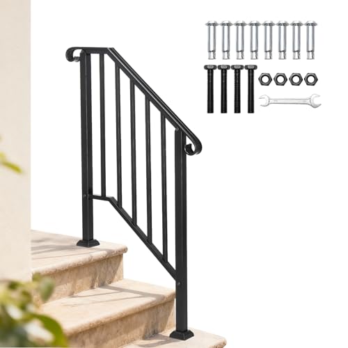 VINGLI Handrails for Outdoor Steps Stair Handrail Fits 1 to 5 Steps Wrought Iron Hand Rail Stair Railing Kit for Concrete/Porch/Wooden Steps (1 Black 2 to 3 Steps)