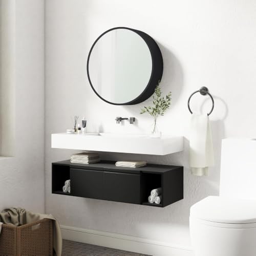 Image of iSTAR 16 Inch Round Wall Mirror with Storage Shelf (Black) | Bathroom Vanity Glass with Hidden Storage Cabinet | Wall Mounted Decorative Reflector for Bathroom, Bedroom, Living Room