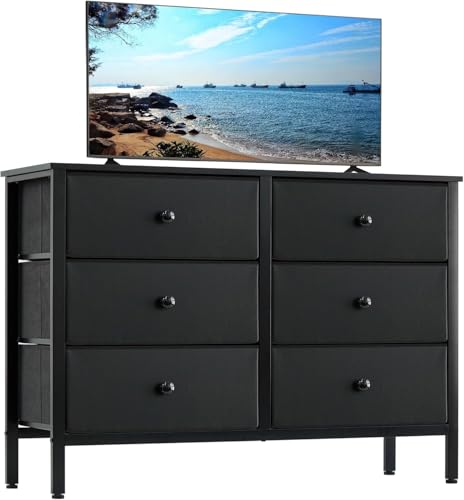 Image of LYNCOHOME Black Dresser for Bedroom, 6 Drawer Wooden Dresse, Small Dresser for Bedroom and 50" Tv, Entertainment Center with Metal Frame, Wooden Top,Dressers for Kids, Fabric Dressers for Nursery