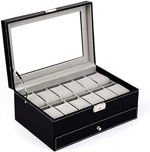 Tebery 12 Slots Black Watch Box PU Leather Case Organizer with Jewelry Drawer for Storage and Display
